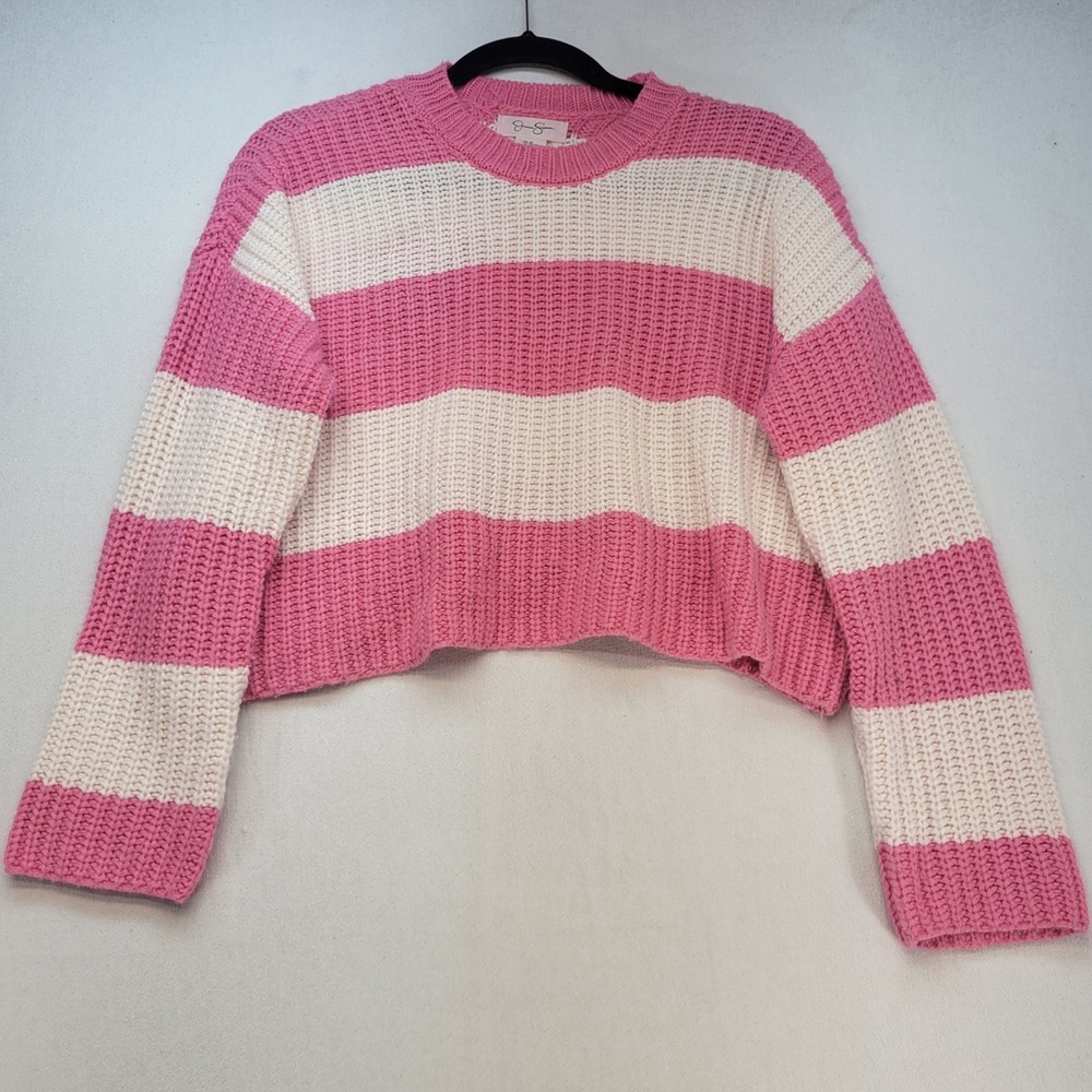 Jessica Simpson Sweater Womens XS Pink White Striped Cropped Chunky Knit